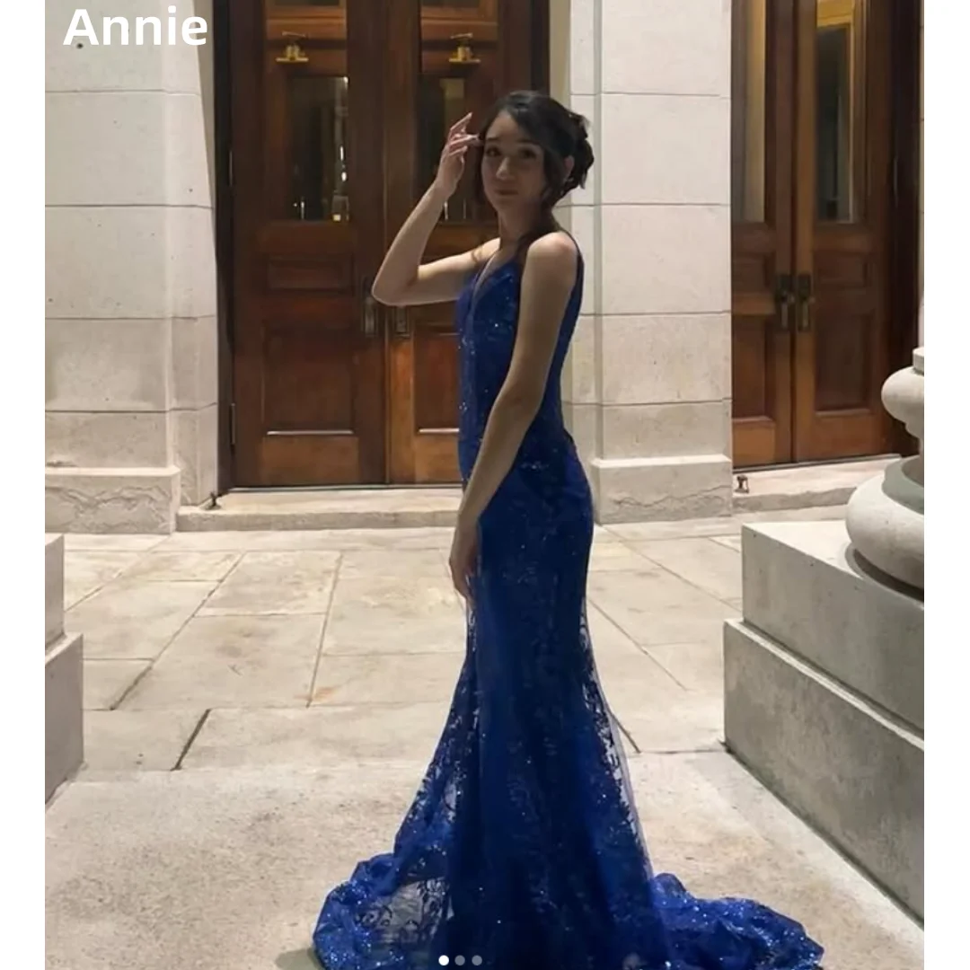 

Annie Blue Spaghetti Straps Prom Dresses Блестящие кружевные вечерние платья с вышивкой Slim Fit Элегантные женские вечерние платья فساتين سهرة