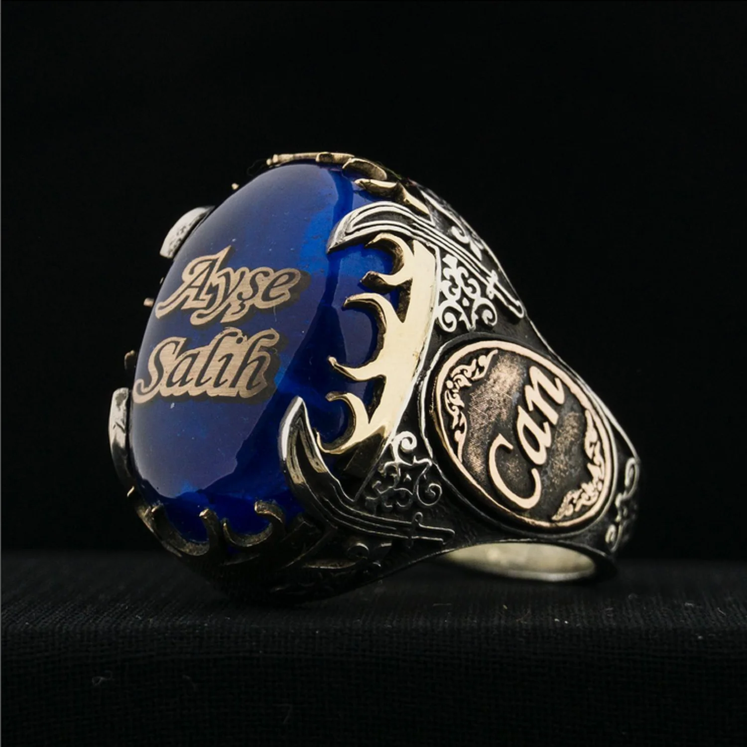 

Blue Amber Engraved Name Men's Sterling Silver Ring Handmade Boys Band with Sword Embroidered and Crescent Embellishment