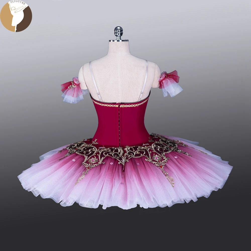 FLTOTURE Adult Deep Cherry Ballet Professional Pancake Tutu Paquita Sugar Plum Fairy Classical Stage Competition Costume QW1378