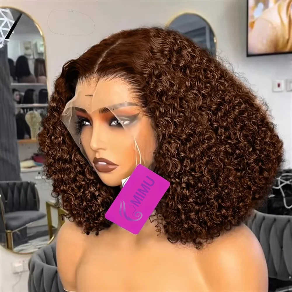 

230% #4 Color Brown Curly Short Bob Wig Brazilian Curly Hair Deep Wave Bob Wigs Human Hair 13x4 Hd Transparent Lace Front Wigs