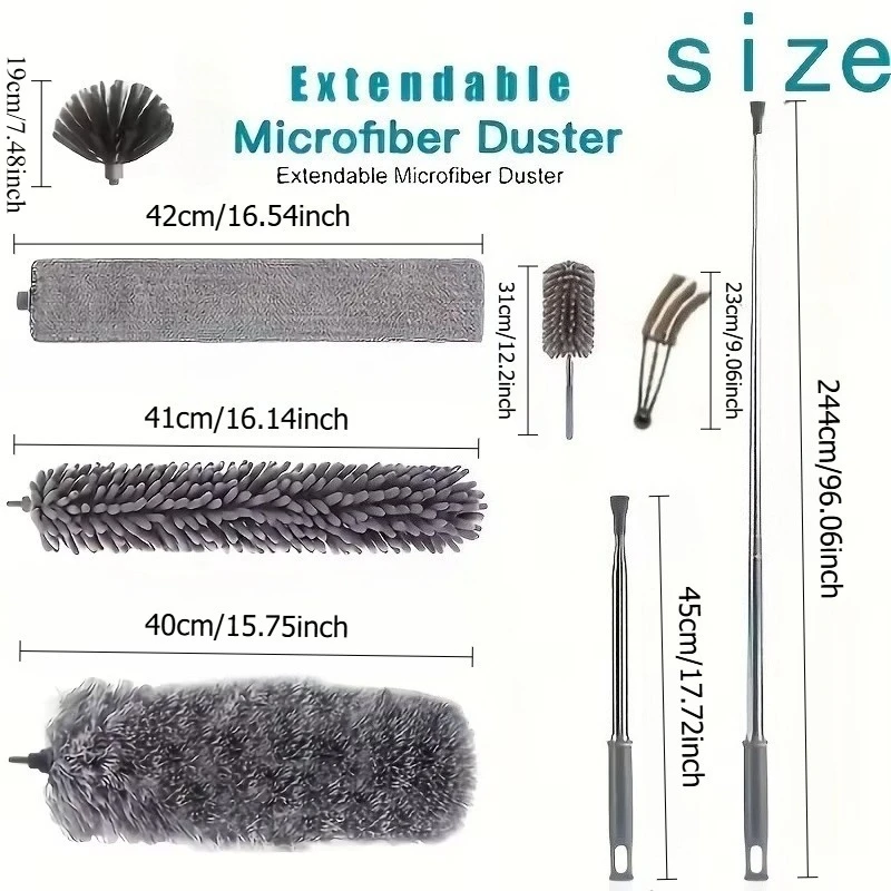 Microfiber Duster with 112.6inch Telescopic Extension Pole Kit for High Ceilings, Cleaning Fan Spider Webs, Reusable and Washabl