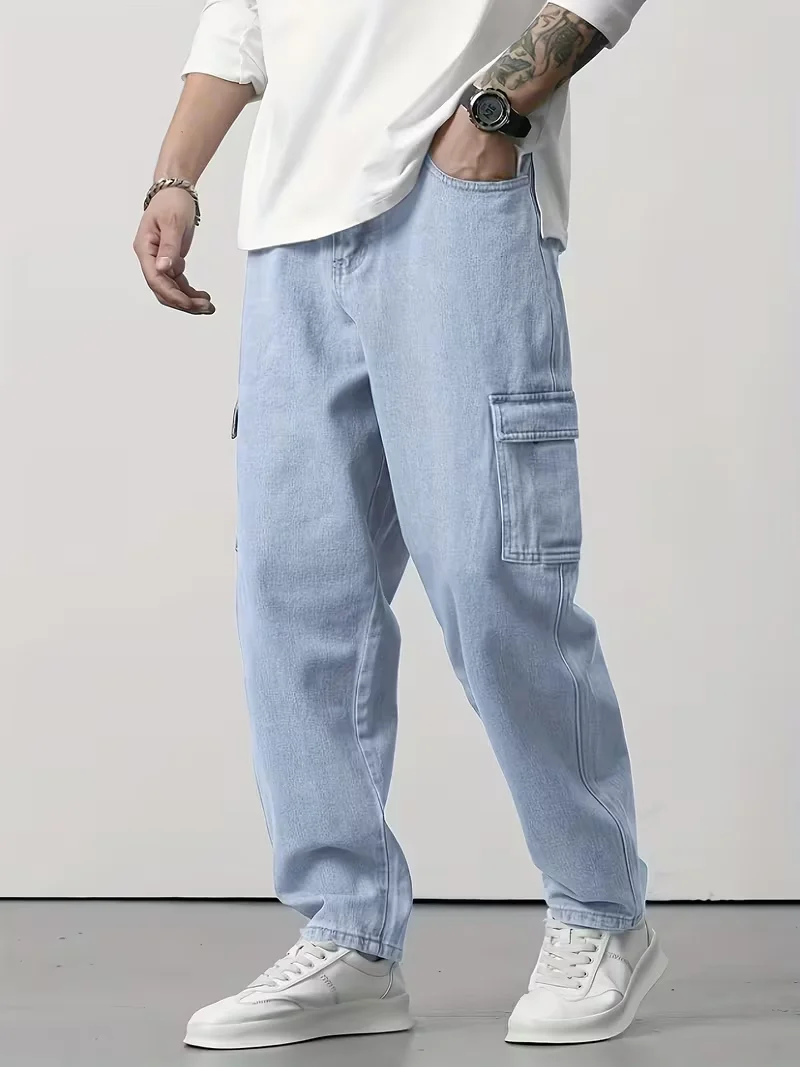 Men's Casual Jeans, Fashionable and Trendy Straight-Leg Light Blue Denim Pants