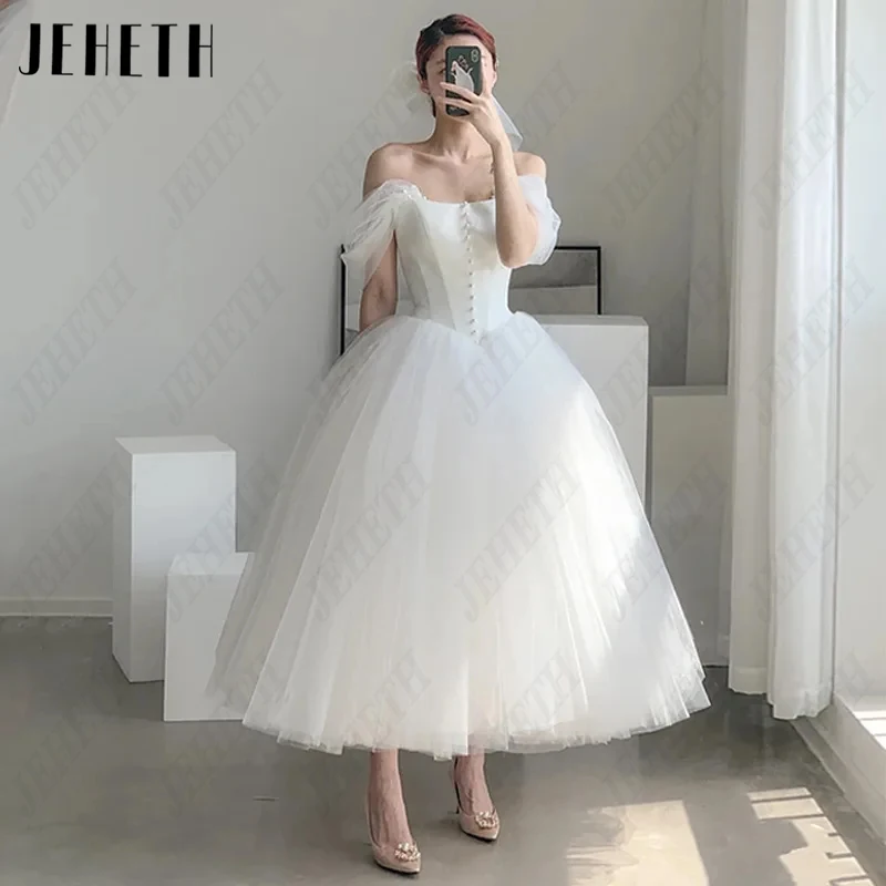 

JEHETH Tulle Off Shoulder Korea Bridal Gowns Women Strapless Pearls Wedding Dresses A-Line 웨딩드레스 Photography Princess Backless