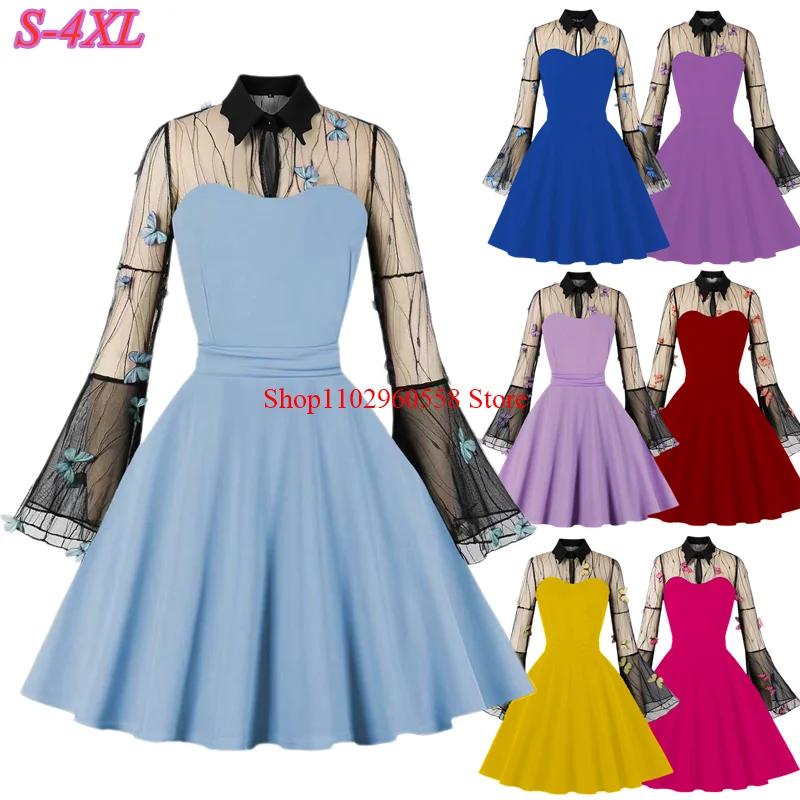 Plus Size Women Dress Retro Audrey Hepburn 50s 60s Rockabilly Keyhole Mesh Pagoda Sleeve Gothic Cocktail Party Costume