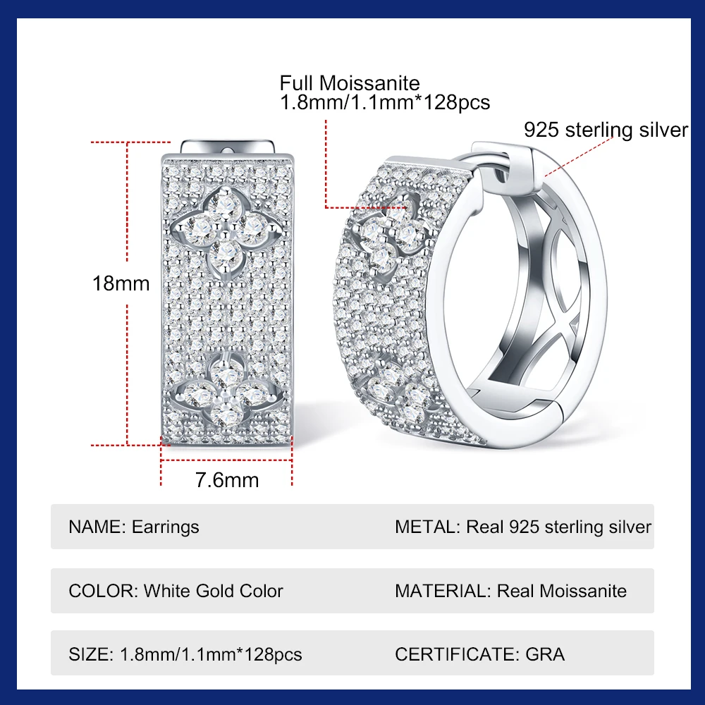 Clover Moissanite Hoop Earrings for Women S925 Sterling Silver All Moissanite Diamond Huggie Earrings Sparking Wedding Jewelry
