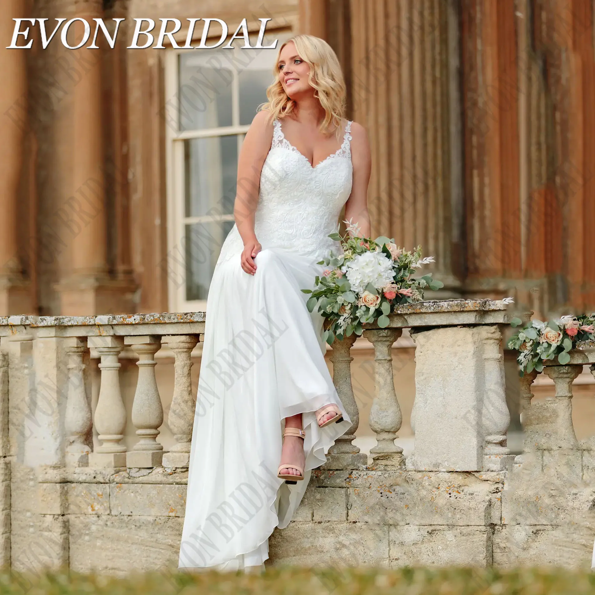 

EVON BRIDAL Sleeveless Wedding Dress Plus Size 2025 V-Neck Chiffon Bride Gown Spaghetti Strap Vestidos Novias Boda Customizd