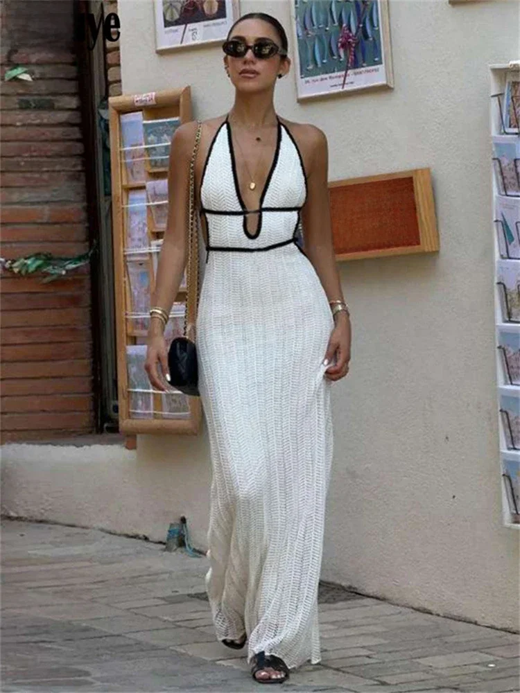 Nsauye Casual Knitted Women Halter Fashion Maxi Hollow Out Dress Summer Beach Long Sexy Backless Party Birthday Club Dress 2024 — zdjęcie 2