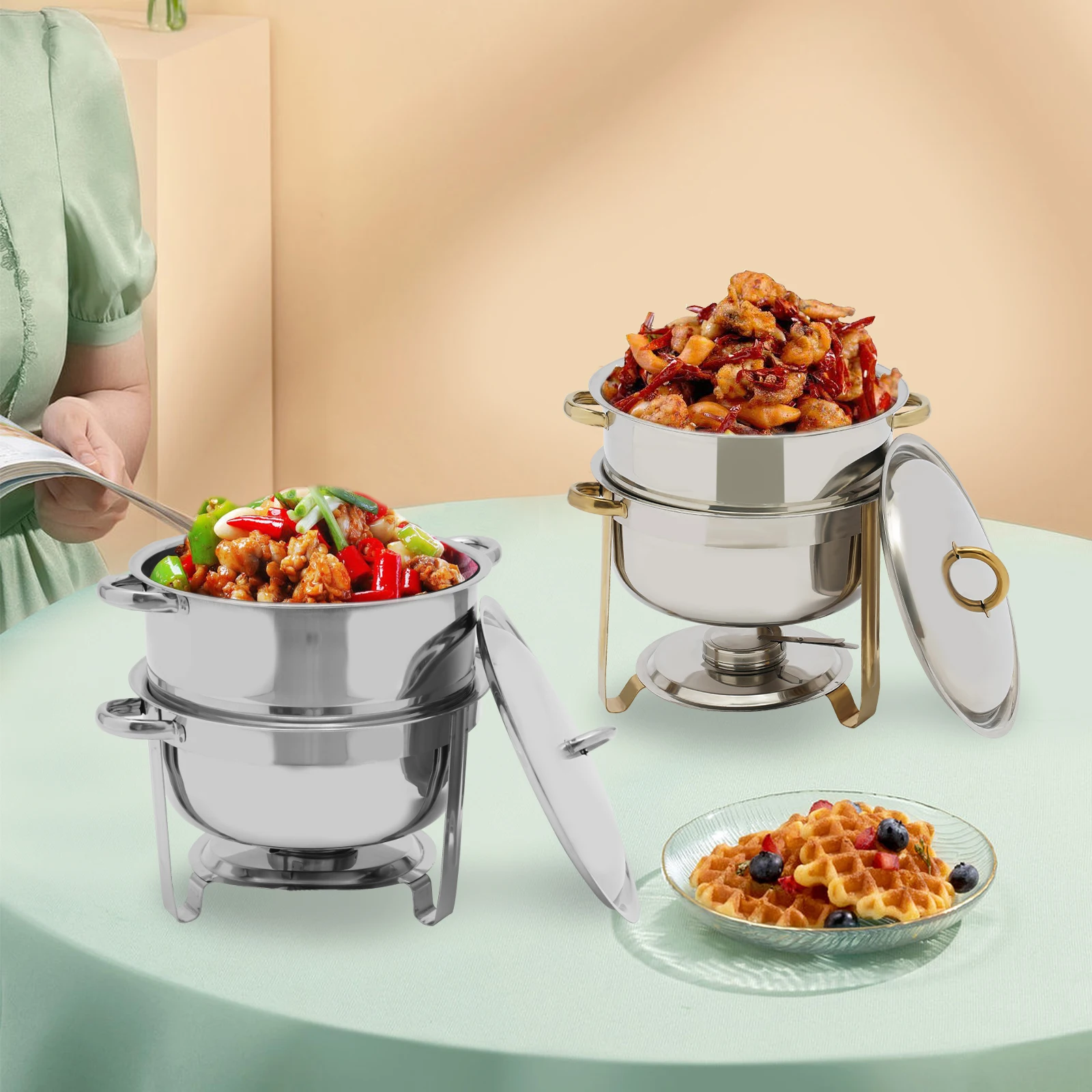 

Круглый подогреватель для еды, 13,5 л, большой объем, для шведского стола, из нержавеющей стали, с подставкой, для кейтеринга, вечеринок, свадеб