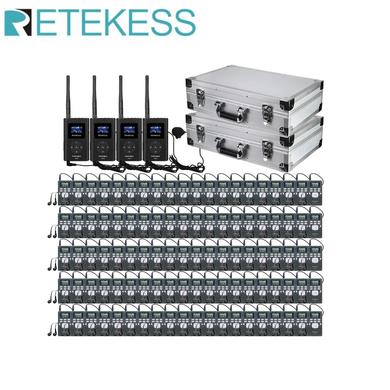 

Retekess Wireless Tour Guide Audio System 4pc FT11 FM Transmitter 100pc PR13 FM Radio Receiver With 2pc Storage Box For Meeting