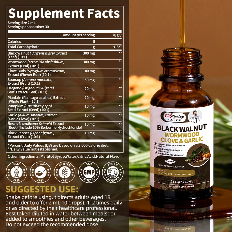 Alliwise Black Walnut Wormwood Drops Support Digestive & Intestinal Health Gut Health & Flora Balance Detox & Cleansing