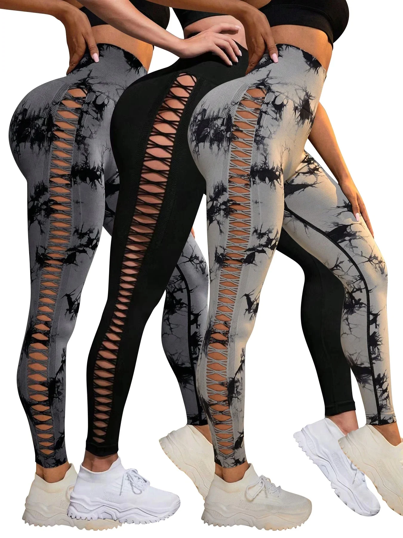 Bezszwowe legginsy Tie Dye dla kobiet Spodnie do jogi z wysokim stanem, elastyczne rajstopy podnoszące pośladki, boczna siateczka — zdjęcie 2