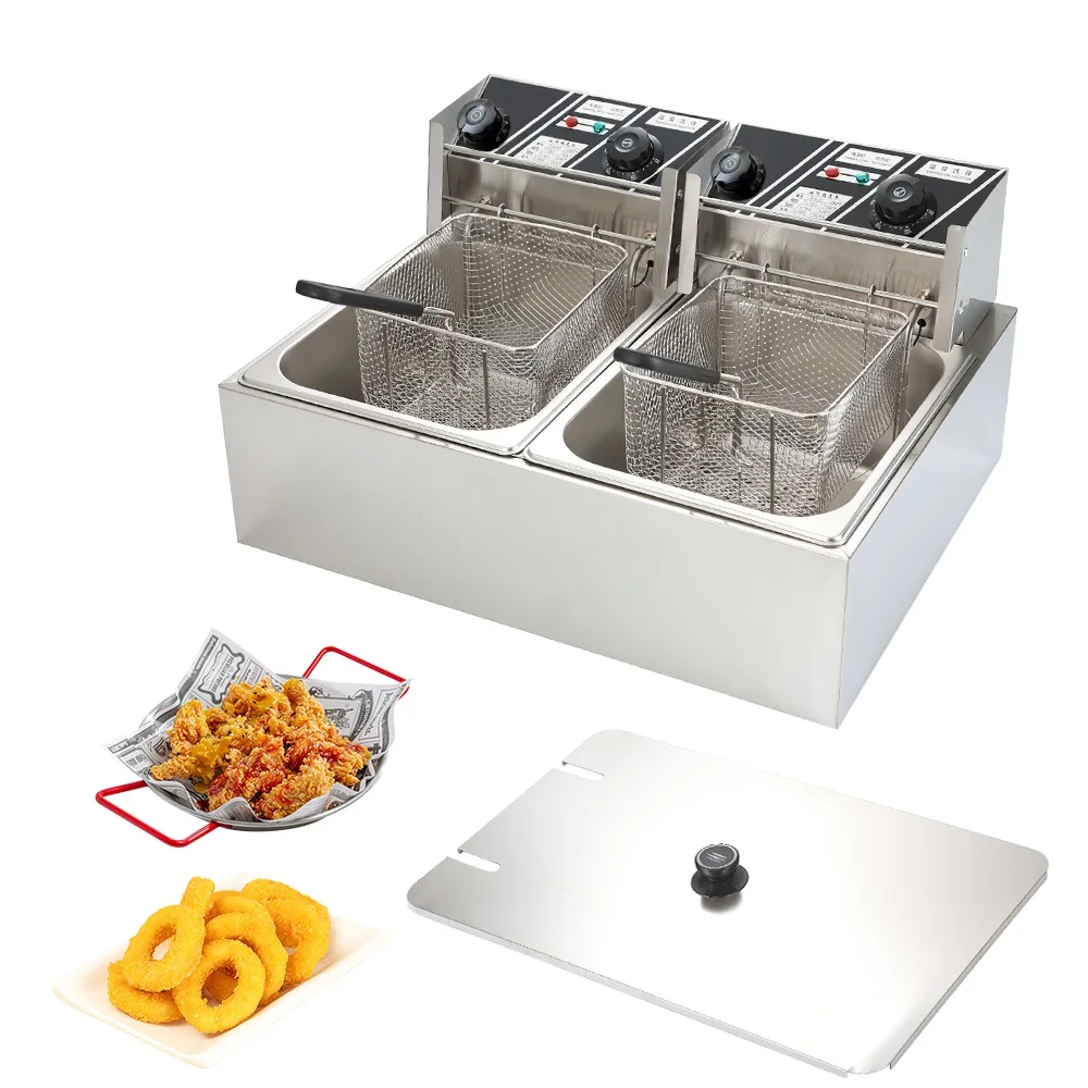 Commercial Electric Deep Fryer w/Dual Tanks 12L 2500W W + Stainless Steel guard Fryer for Fried Chicken French Fries