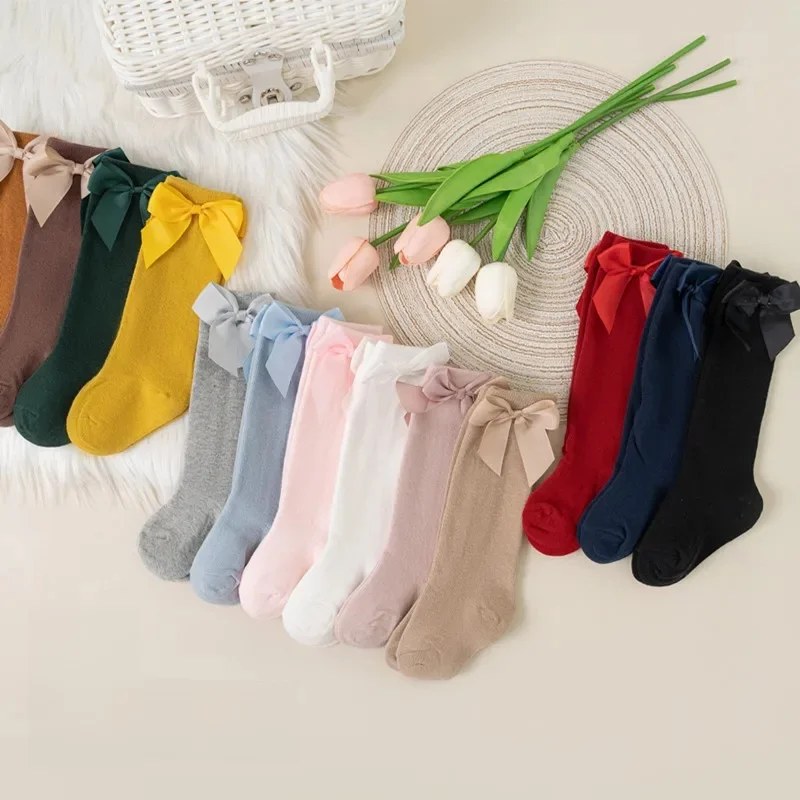 3Pairs/Lot Baby Toddlers Socks Autumn Spring Children Kids Girls Knee High Long Sock Cotton Big Bow Spanish Style Princess Socks — zdjęcie 2