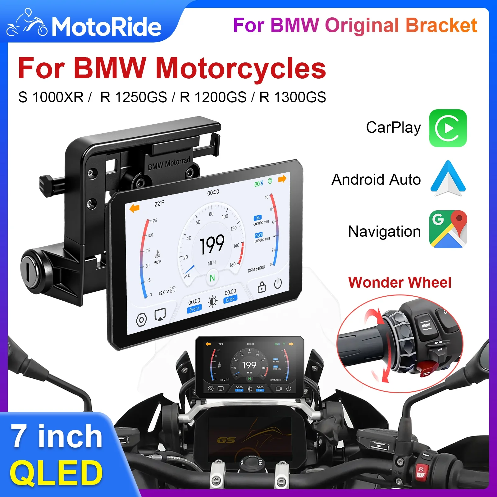 Carplay für Motorrad für BMW XR M1000 R1200GS R1250GS S1000XR R1300GS 7 Zoll Motorrad-Navigator Android Auto Bildschirm Fit for Magic Wheel