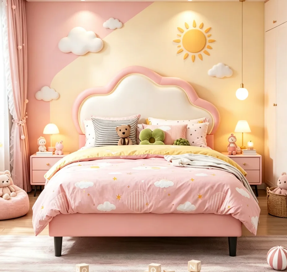 Letto singolo imbottito Rosahqnda, dimensioni 90×200 cm, con testiera a forma di nuvola dotata di luci a LED, struttura del letto in pelle sintetica, adatta a bambini, adolescenti e adulti, con base a