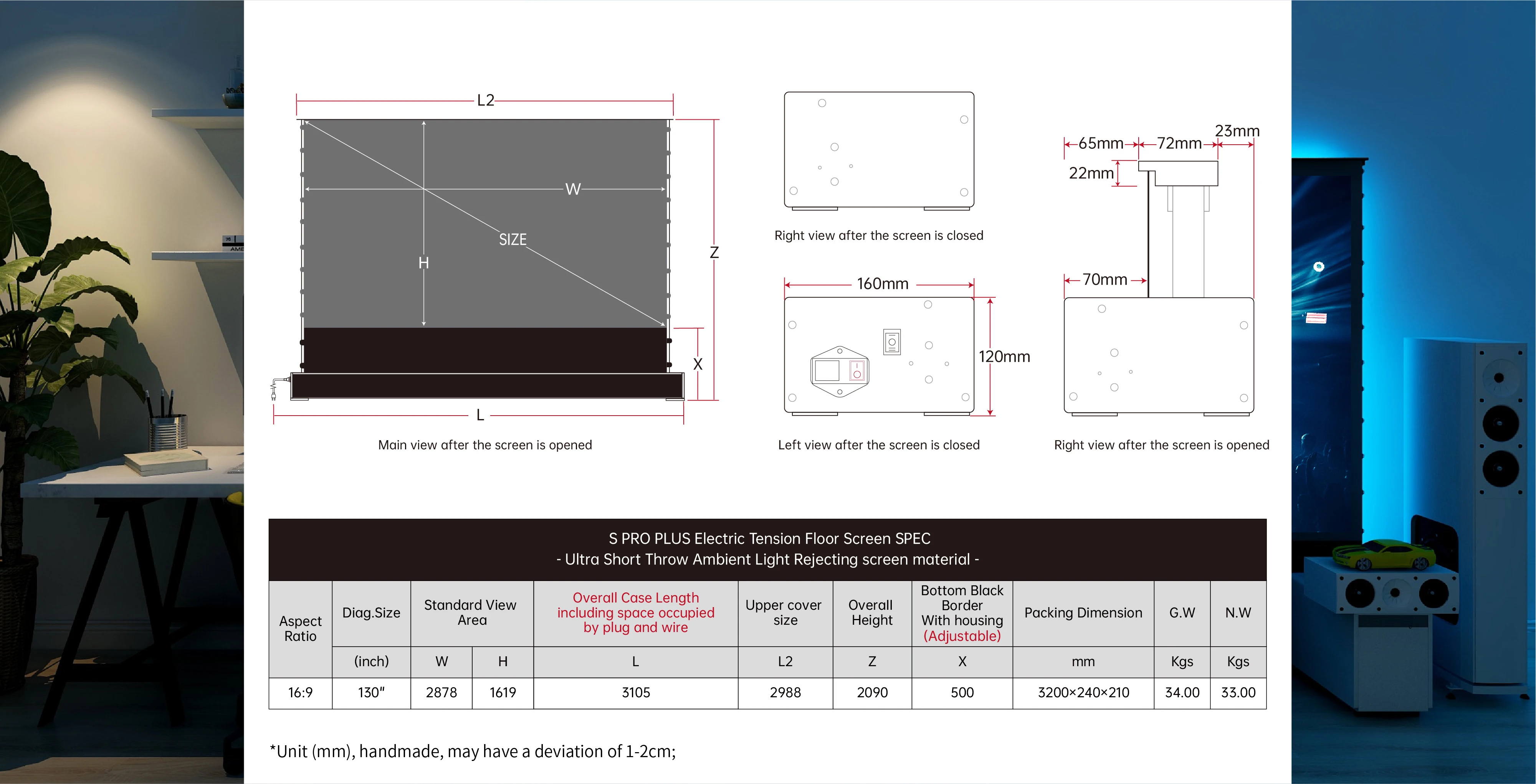 VIVIDSTORM S PRO 플러스 프리미엄 홈 시어터, 4K HD 전동 텐션 플로어 라이징, UST ALR 게임 영화 프로젝터 스크린, 130 인치