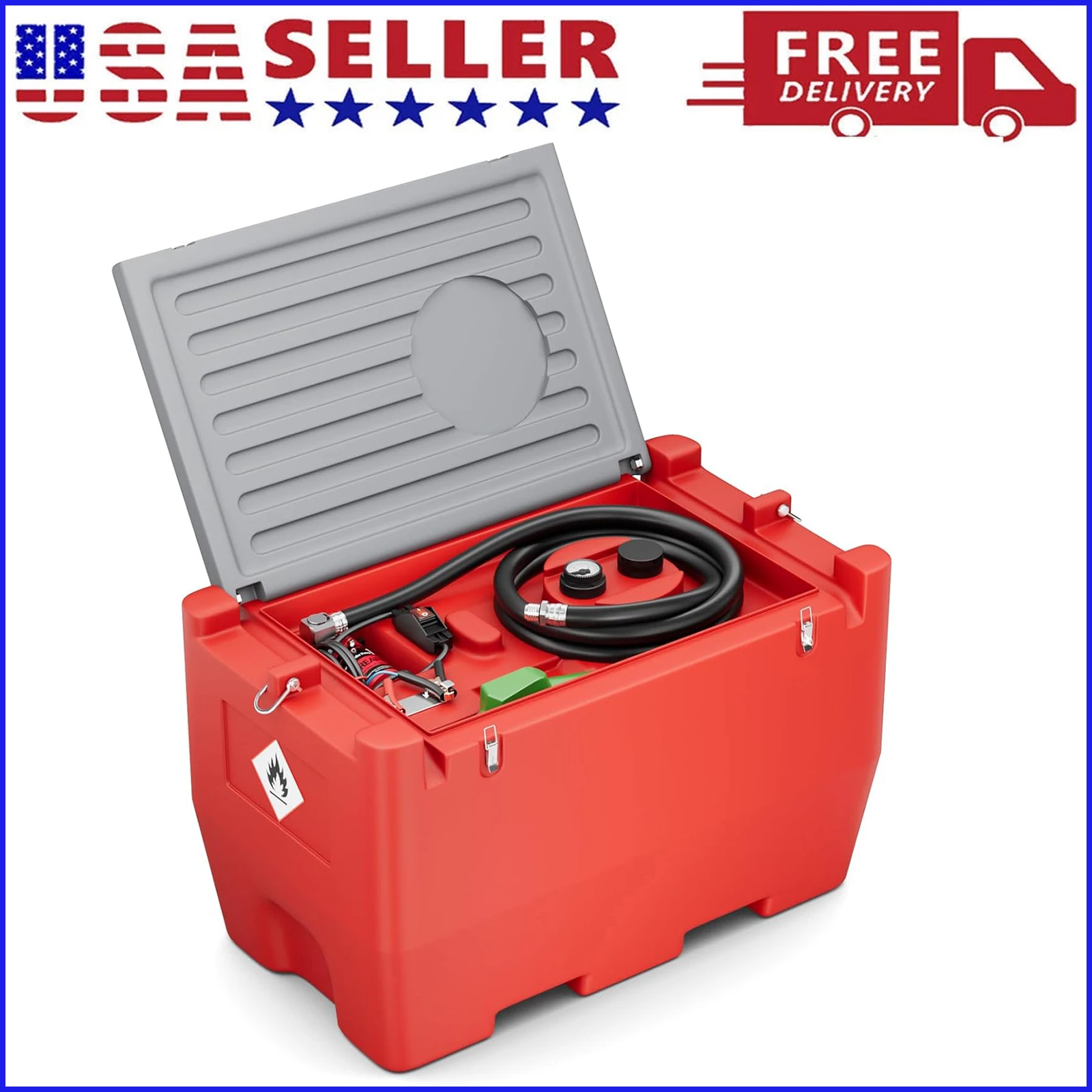 Portable Fuel Tank With Pump for Gasoline & Diesel, 50 Gallon Gasoline Transfer Tank with 10.6 GPM Flow Rate 12V Transfer Pump,13.1ft Rubber Hose Diesel Fuel Tank for Easy Fuel Transportation, Red
