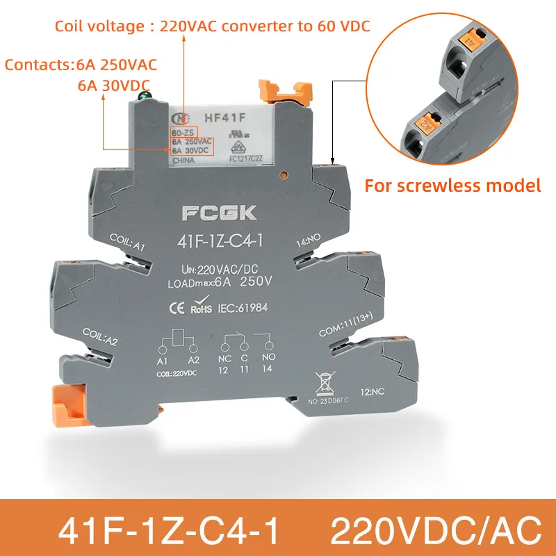 Din Rail Slim Relay Module 41F-1Z-C4-1 Geïntegreerd PCB Mount Power Relay met relaishouder 12VACDC 24VACDC relaisaansluiting 6,2 mm