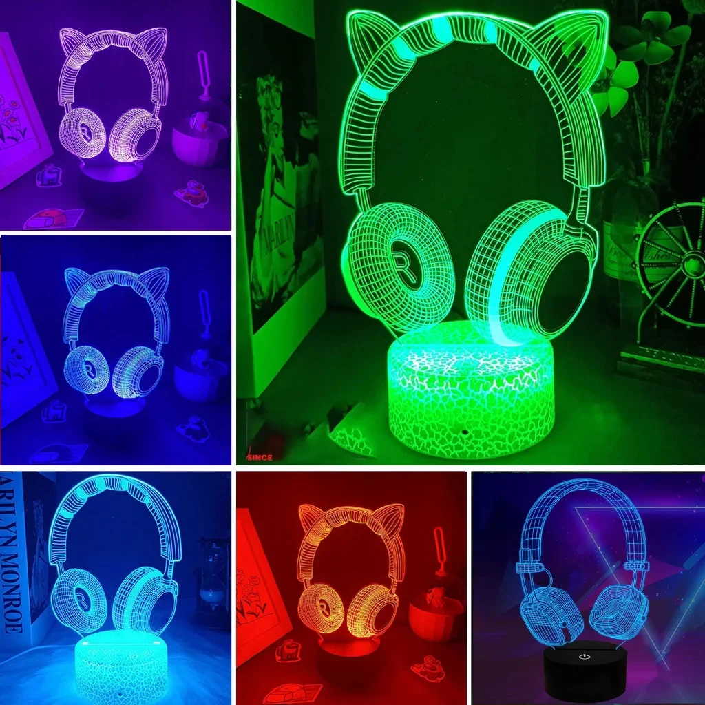 New Headphones 3D Illusion Night Light Headset Desk Setup Table Lamp Cool Game Console Room Decor Light for Kids Christmas Gift