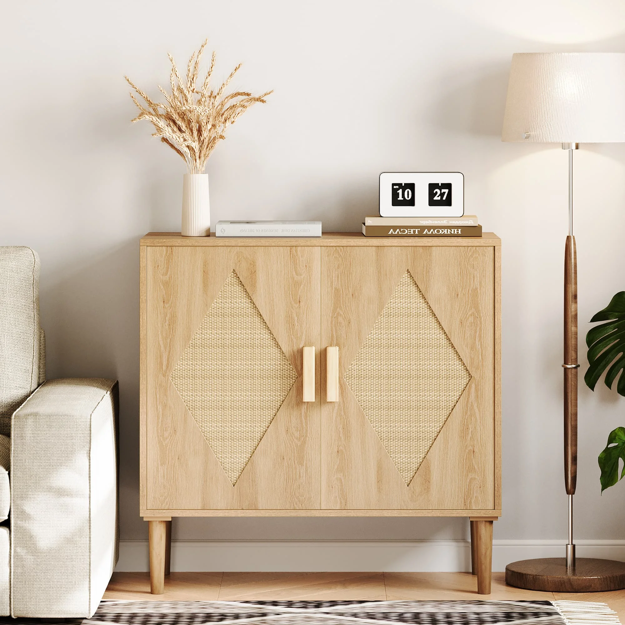 Aparador de Madera HiMISS, Mueble de Almacenamiento para Cocina con Puertas Decoradas con Ratán, Aparador para Licores y Café, Comedor, Pasillo, Mesa de Consola, Mueble Decorativo, Natural