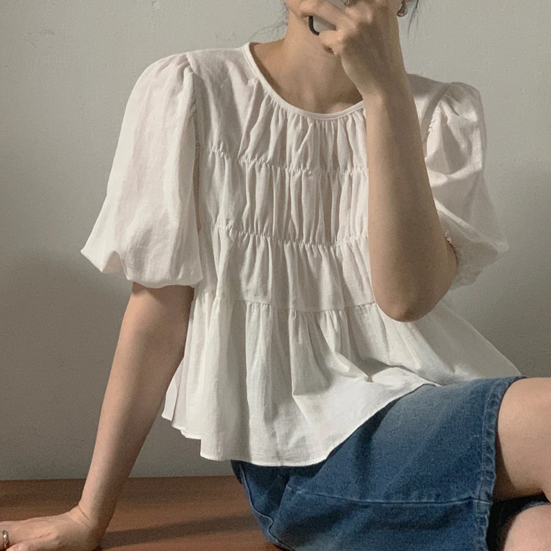 

Korean Style Shirring Pleated Puff Sleeve Women's Summer Short Sleeve Blouse