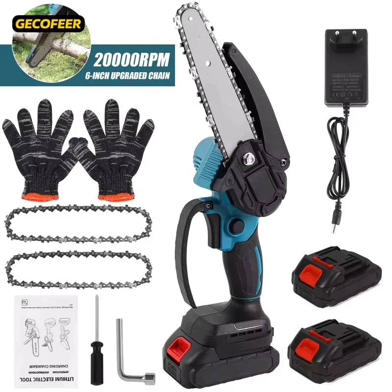 Mini tronçonneuse GECOFEER 6 pouces, tronçonneuse sans fil 18V avec 0-130 ° Poignée de protection rotative confortable, moteur puissant pour la coupe d'arbres