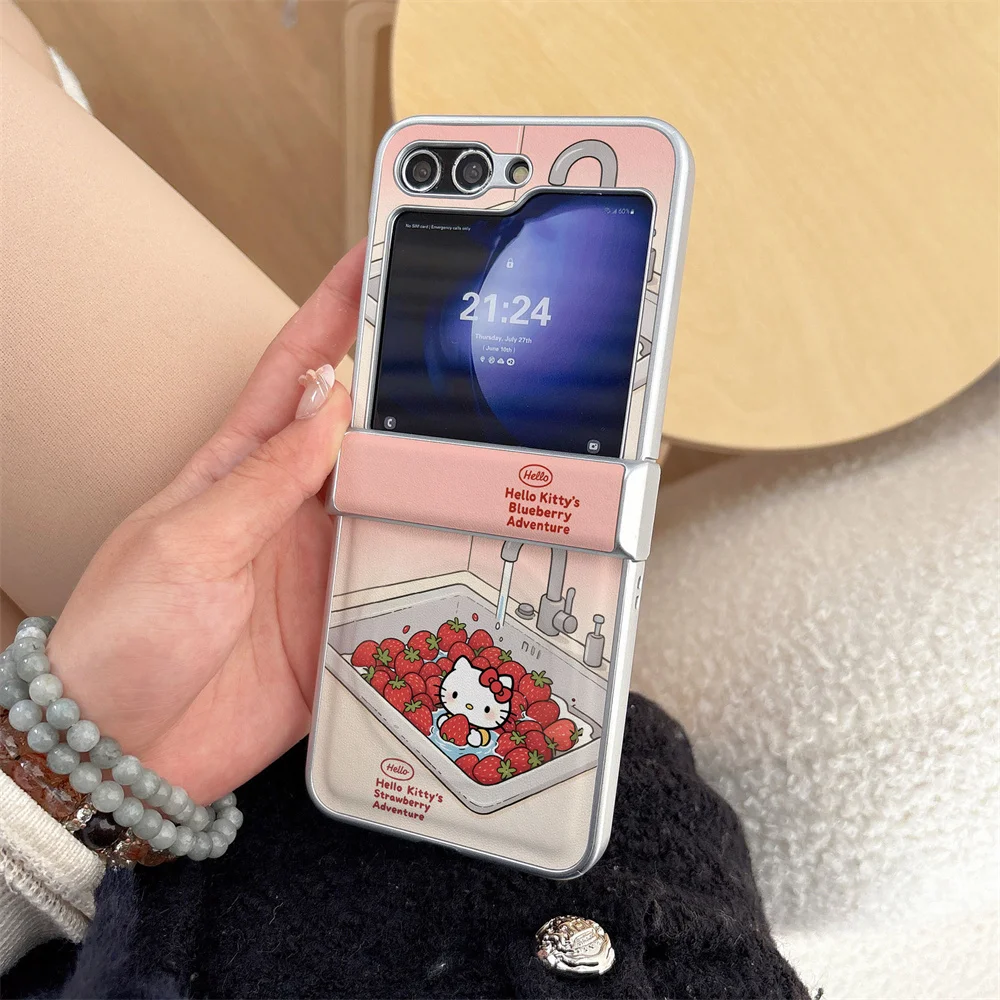 

Cute and Creative Strawberry KT Cat PU Leather Suitable for Samsung Galaxy Z Flip 7/6/5/4 Flip 5 Flip 6 Flip 4 Fro Magnetic Edit