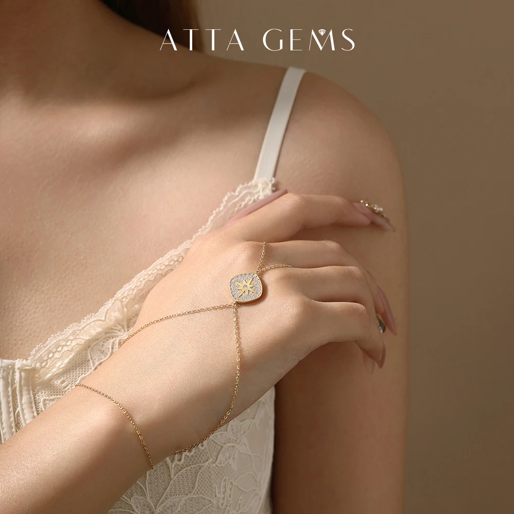 ATTAGEMS سوار وخاتم بتصميم سلسلة يد عتيقة من أتاجمز للنساء، مصنوع من الفضة عيار 925 ومطلي بالذهب عيار 18 قيراطًا، مرصع بأحجار المويسانايت، هدية مثالية للحفلات والخطوبة #1