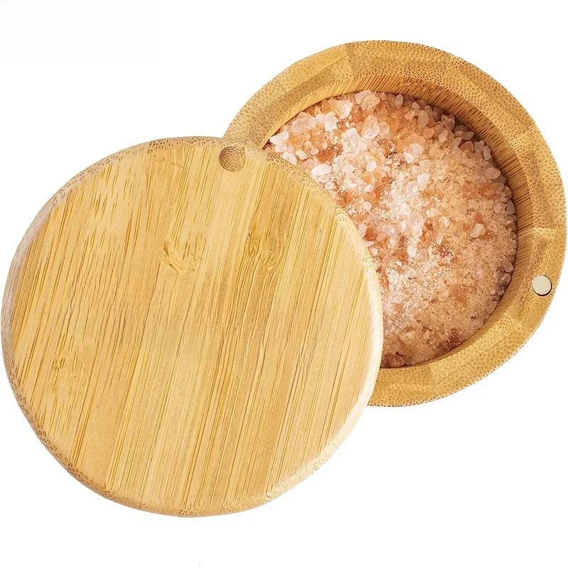 Totally Bamboo Salt Cellar Bambusowe pudełko do przechowywania z magnetyczną obrotową pokrywką Słoik na sól Drewniany pojemnik do przechowywania przypraw — zdjęcie 2
