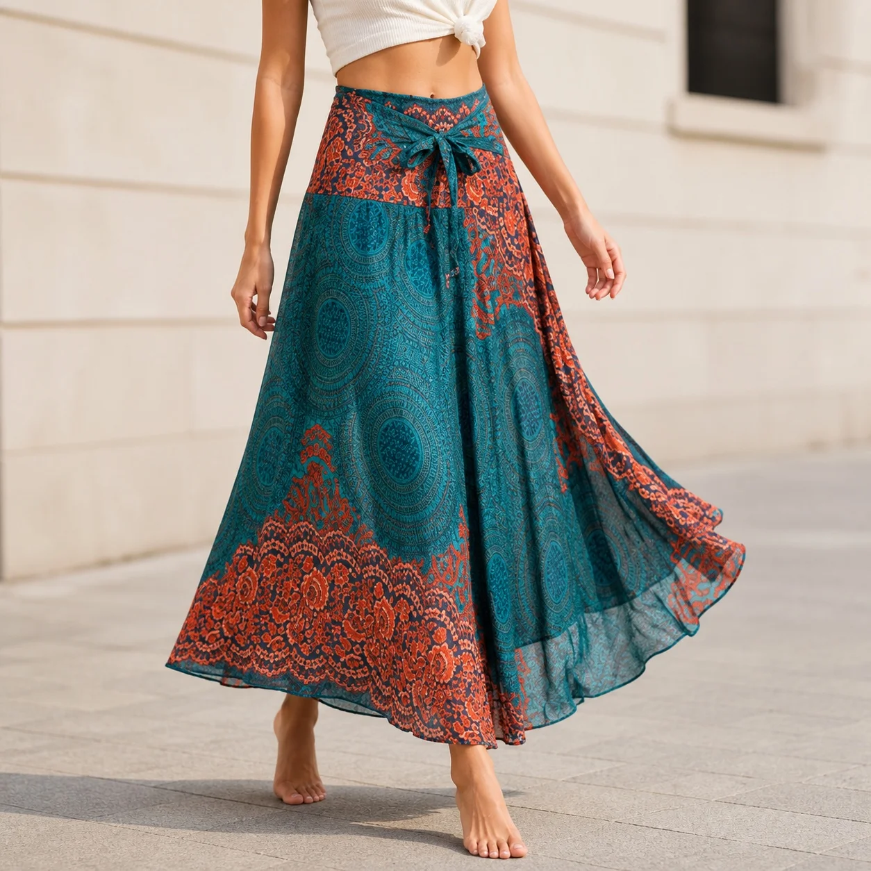 Women's Bohemian Long Floral Print Casual Skirt for Women Female Clothing Women Clothes Long Flowy Skirt with Tie Waist and