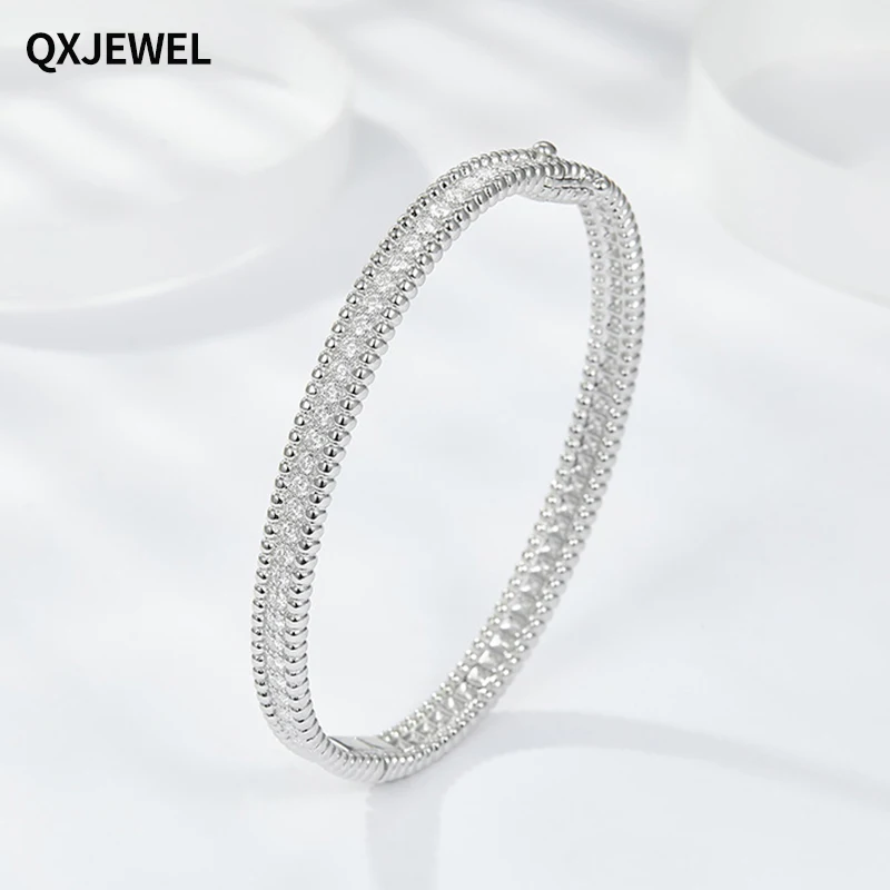 QXJEWEL Real Moissanite Bracelet Full Eternity 2mm D Color 925 Sterling Silver Plated 18k Gold Wedding Circles Bangle Jewelry