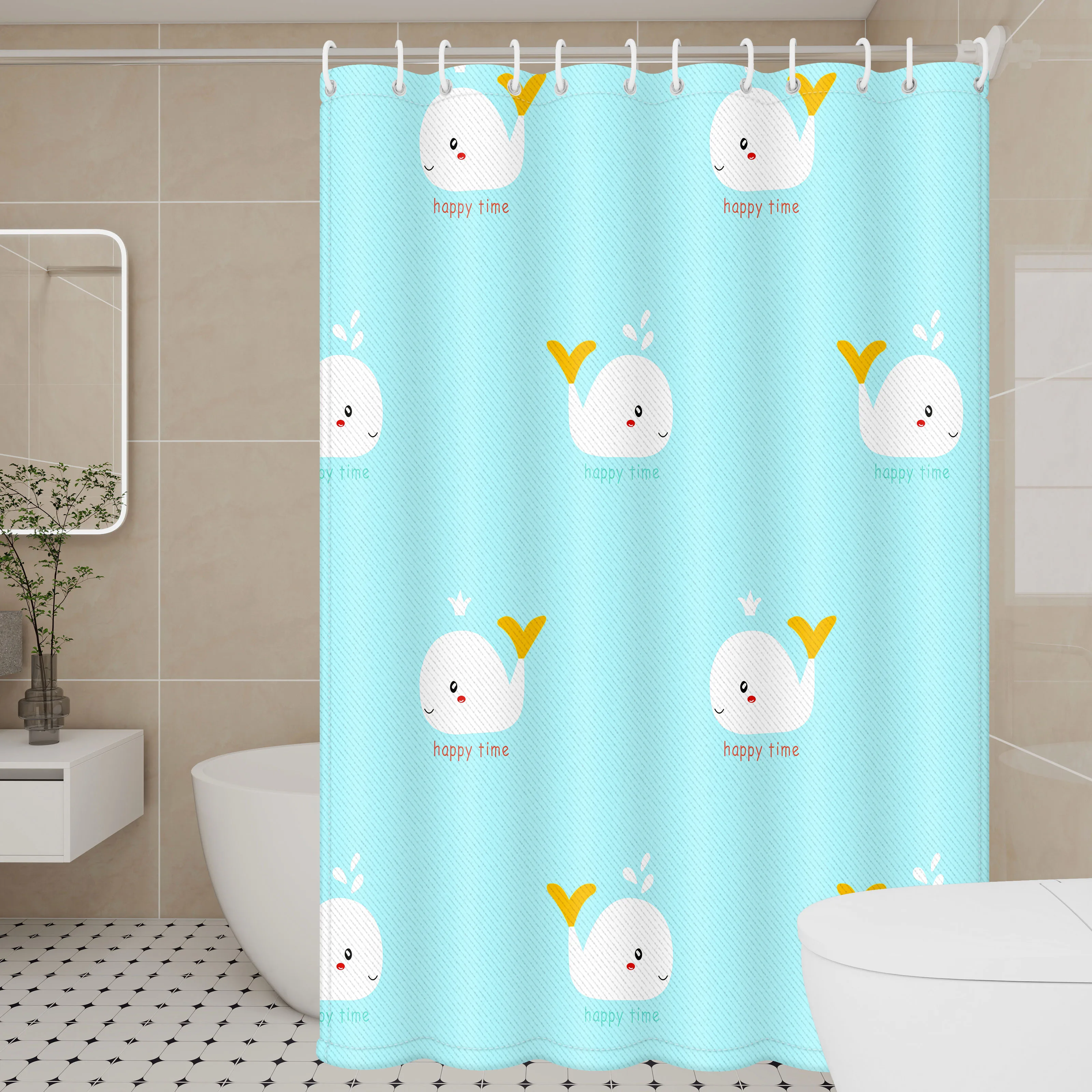 Verspielter Duschvorhang mit Delphin – Ozeanblaues Polyester mit springenden Delfinen