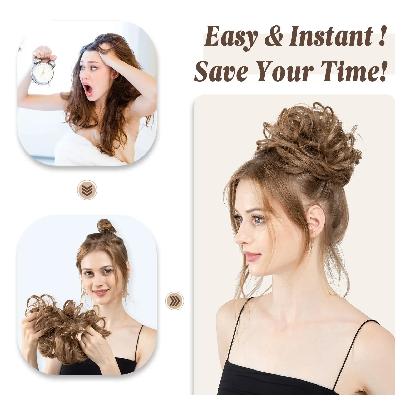 Messy Bun Hair Piece Hair Bun Scrunchies Synthetic Medium Brown Wavy Curly Chignon Ponytail Hair Extensions Thick Updo