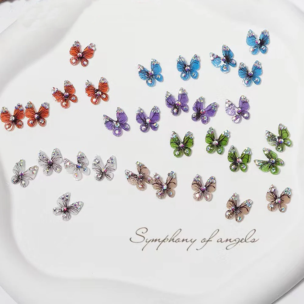 10Pcs 3D Acrylic Butterfly Nail Art Charms Aurora AB Diamond Butterflies Nail Rhinestone Decorations Cute DIY Nail Accessories