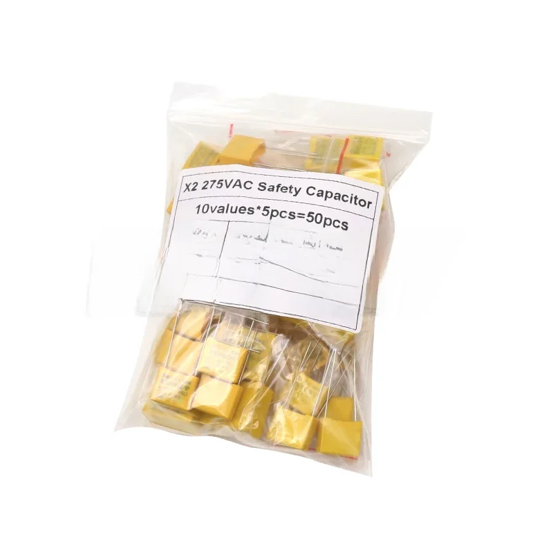 Kit assorti de condensateurs de sécurité X2, Film polypropylène, 50 pièces/lot, 275VAC, 10 valeurs chacune, 5 pièces, 1NF - 1UF