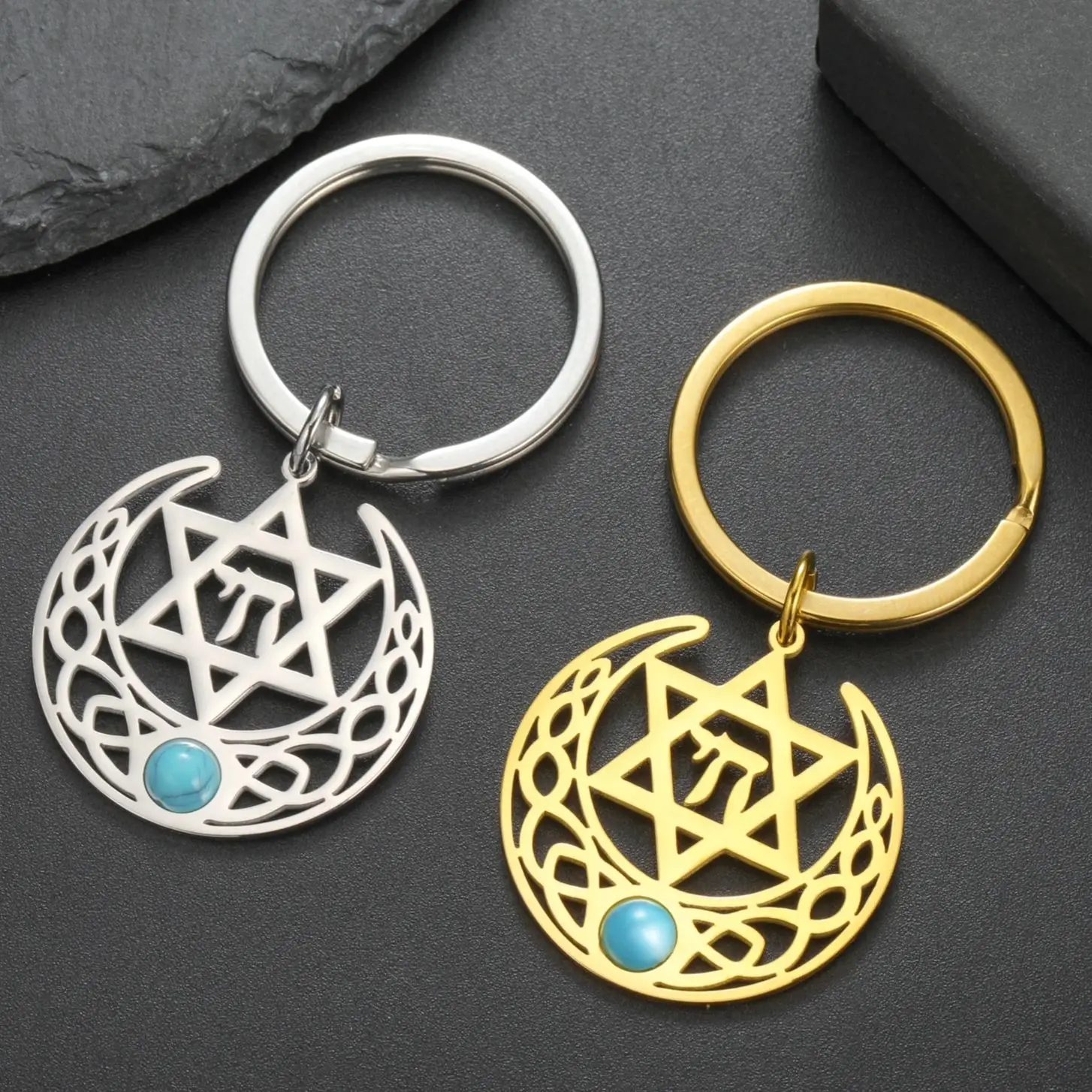 LIKGREAT Star of David Keyring Chai Symbol Keychain for Women Men Stainless Steel Jewish Judaism Jewelry Amulet Gifts