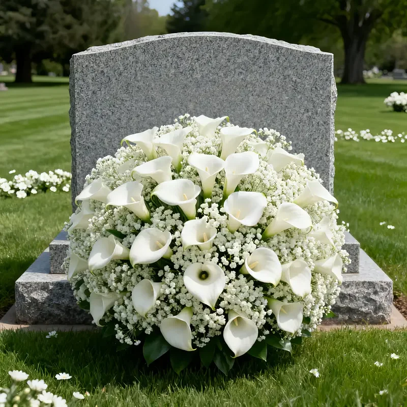 Ensemble de 30 fleurs artificielles (5 lys calla blancs + 25 fleurs de gypsophile) pour cimetières, magnifique combinaison de lys calla blancs et de gypsophile pour les fêtes, fleurs artificielles pour cimetières, sans entretien requis, décoration durable et éclatante, adaptées aux cimetières, aux salons funéraires, décorations funéraires élégantes, art floral commémoratif éternel, fleurs artificielles d'extérieur