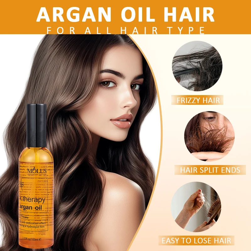 K.terapia óleo de argan spray de óleo essencial para cuidados com os cabelos pode aumentar o brilho, melhorar o reparo do cabelo, fragrância de danos, brilho suave e duradouro