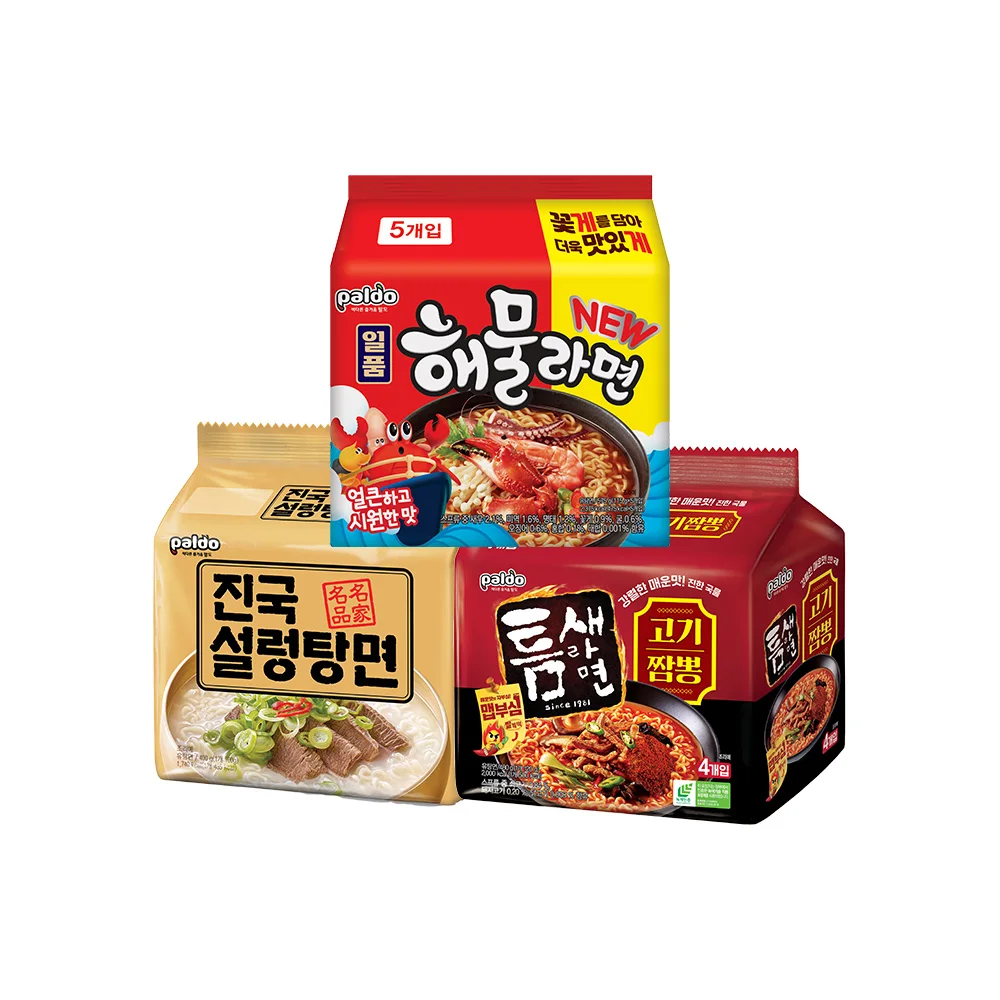 Paldo Jinuk Fideos Seolleongtang 400g (100g X 4 paquetes) X 1 + Ramen de mariscos 575g (115g X 5 paquetes) + Ramen Tteokbokki con carne 480g (120g X 4 paquetes) X 1