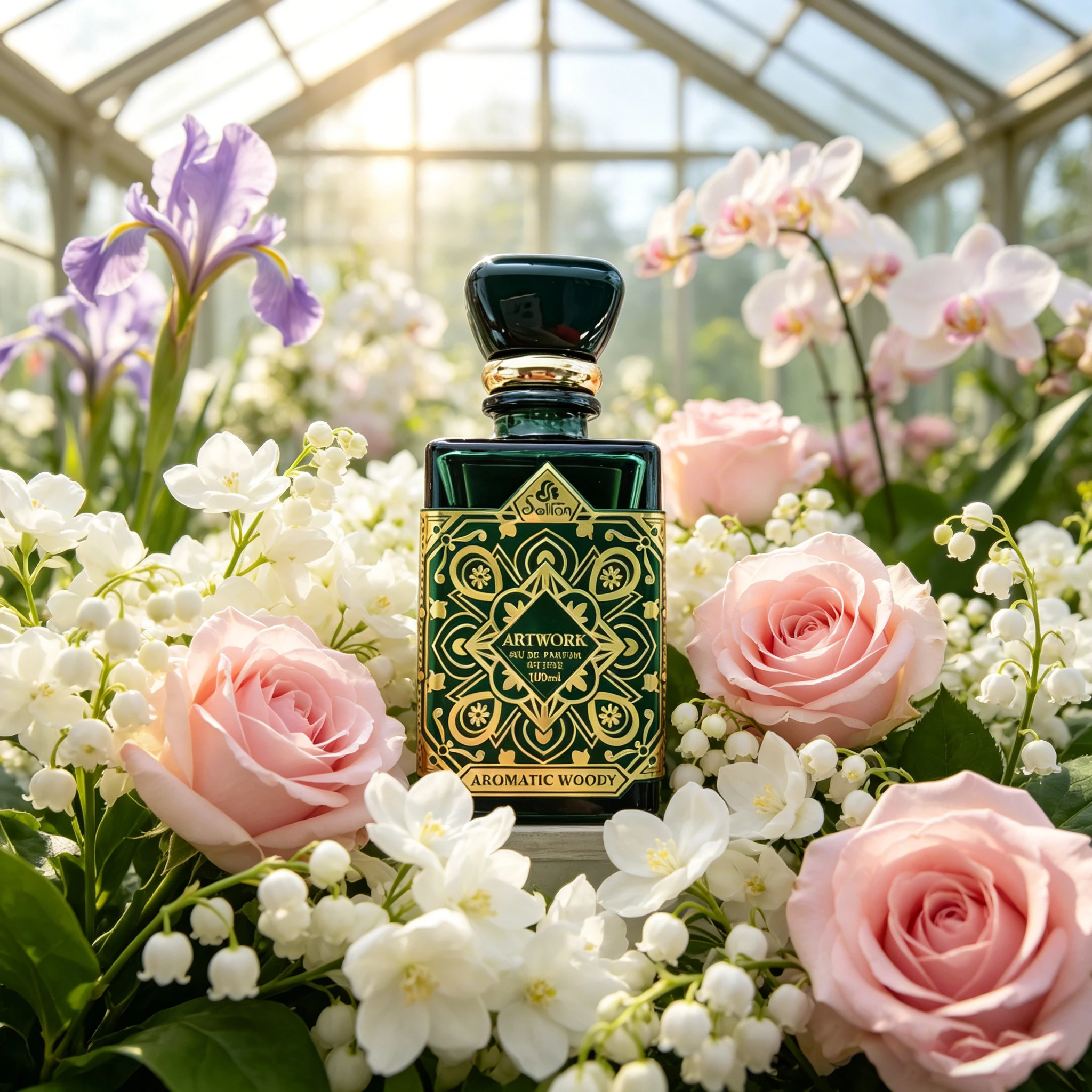 100ml ARTWORK Unisex Aromatic Woody Eau de Parfum, Mixed Wild Berry Floral Forest Wood Long Lasting Fragrance, Vintage Dark Emerald Green Square Glass Bottle with Gold Embossed Oriental Pattern, All Day Wear Neutral Cologne, Luxury Dark Green Velvet Gift - view 3