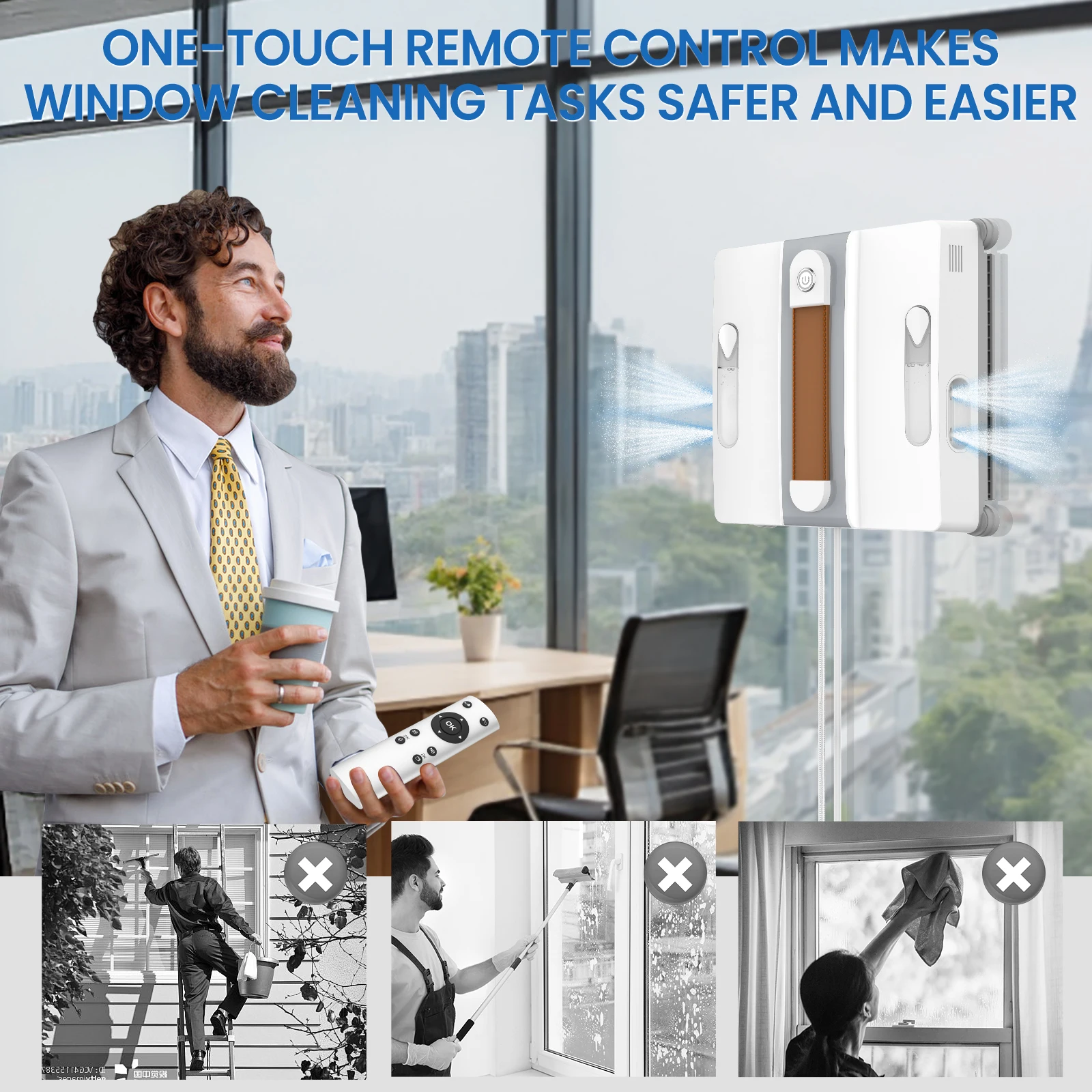 3200pa Automatischer intelligenter Fensterreinigungsroboter, Vierloch-Wassersprühfunktion für Smart Home Glaswandreinigung, Fernbedienung. – Detail 3