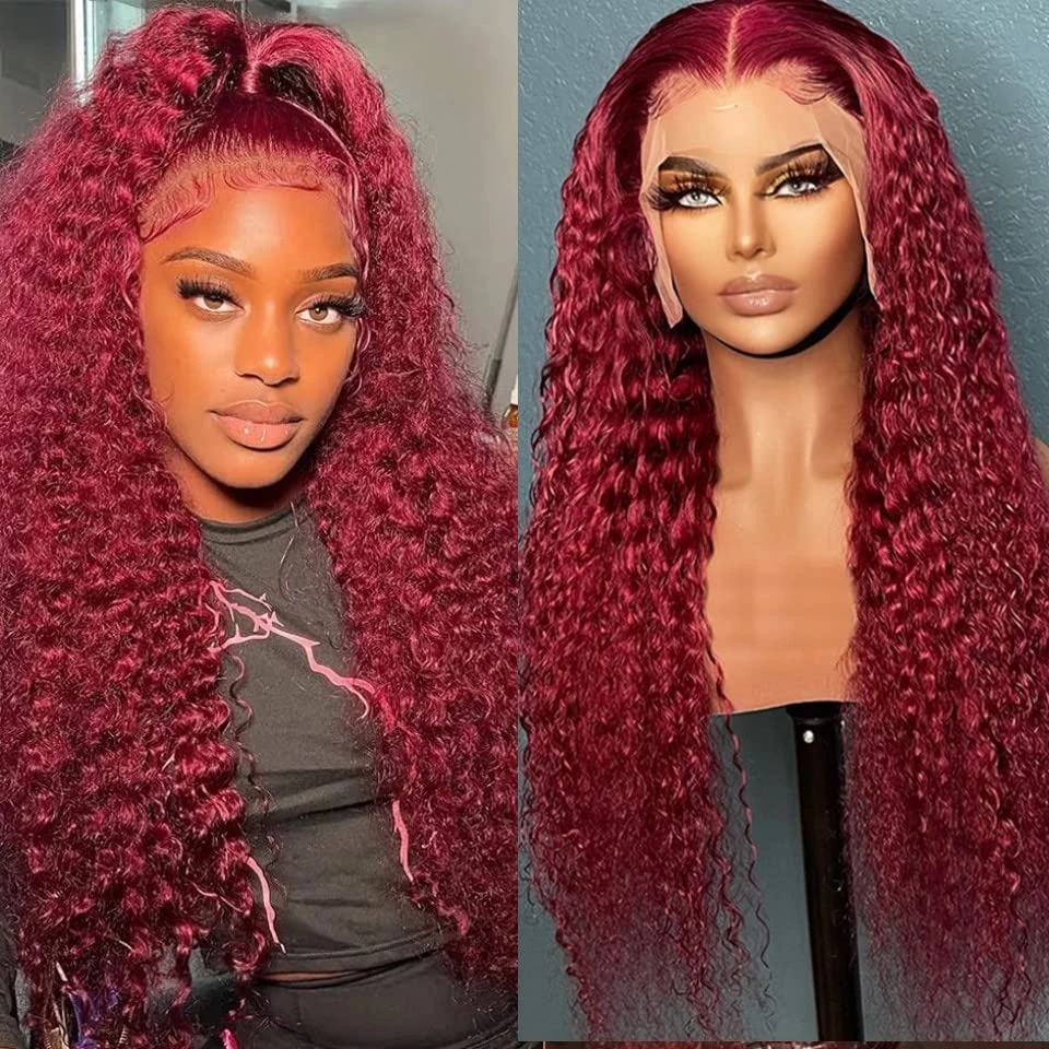 

Burgundy 30 lnch 200% Density Deep Wave Curly 13x6 Lace Frontal Wig 13x4 Hd Human Hair Colored 99j Red Brazilian Lace Front Wigs