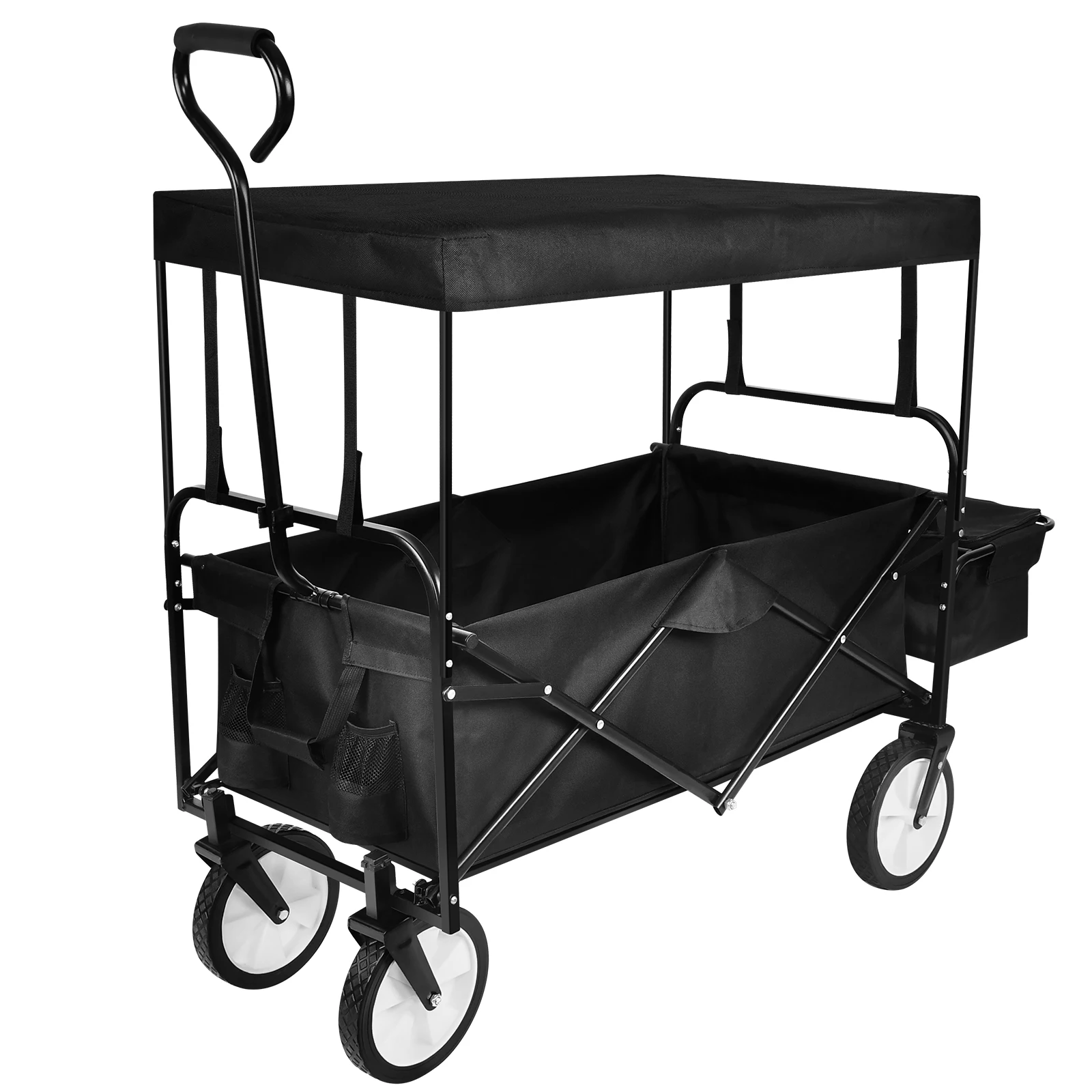 [Flash Sale]Folding Wagon Steel Frame Garden Shopping Beach Cart W/Adjustable Handlebar&Detachable Roof Black[US-Stock]