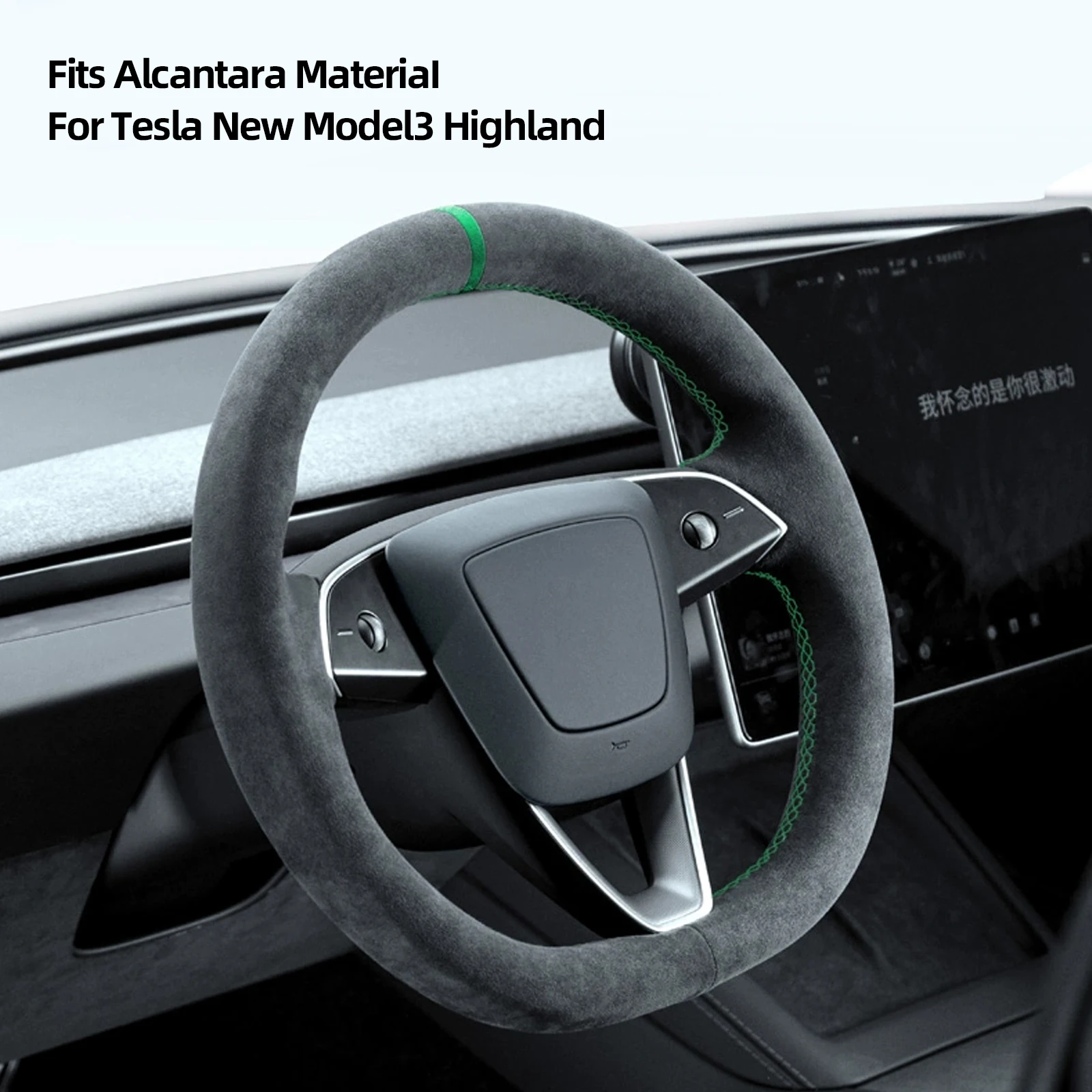 Hand Stitch Steering Wheel Cover Using Alcantara Material for Model 3 Highland 2023-2026 (Green Stripe)