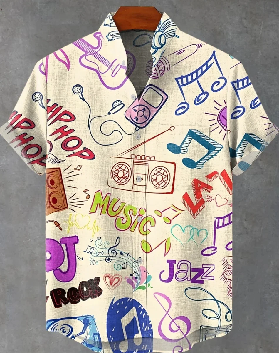 뉴 하와이 남성 여름 캐주얼 리넨 빈티지 셔츠 음악 프린트 반소매 버튼 탑 루즈 대형 반소매 셔츠 Fas
