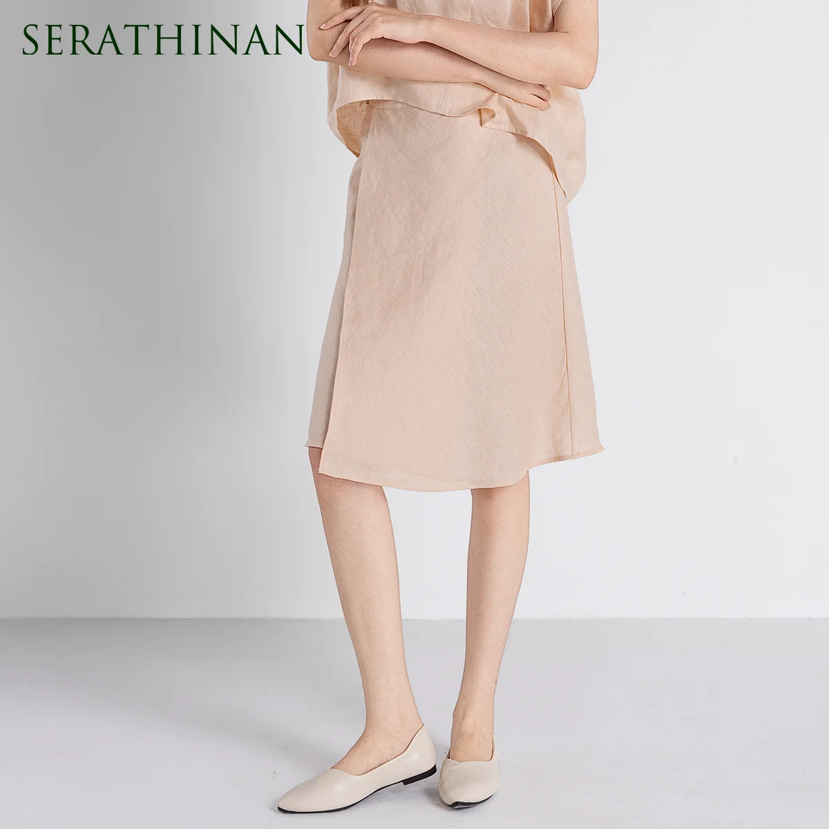 TH661143 Luxury Pure Linen LP Skirt Women's Asymmetric Wrap Front Side Slit Polyester Lining Elegant Midi Skirts