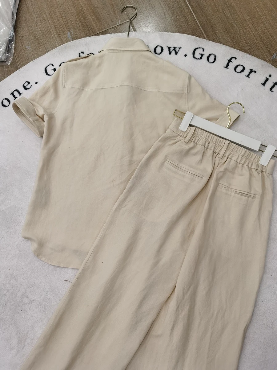 Minimal business lady summer women's solid color 100% linen pant suit
