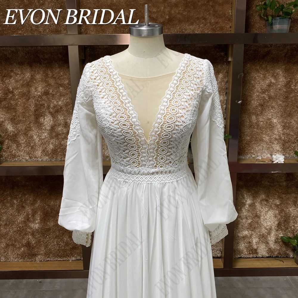 EVON BRIDAL Foto real bohemio vestido de novia blanco chiffon túnica de encaje de manga esponjosa de Marié vestido de novia de ensueño botones