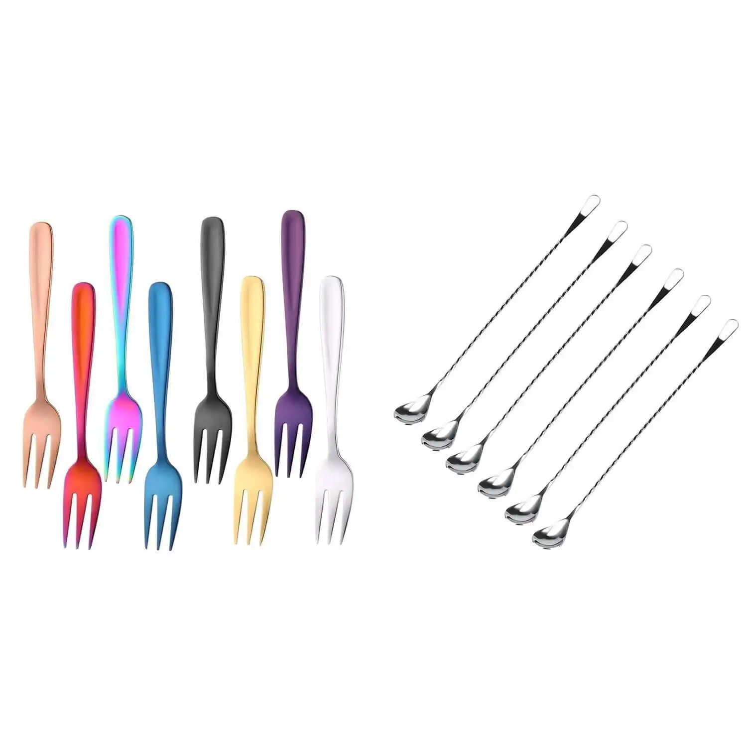 

Salad Forks, Stainless Forks & Bar Spoon, Cocktail Spoon, Dinner Forks, Appetizer Forks Dessert Fork(14 Pcs)