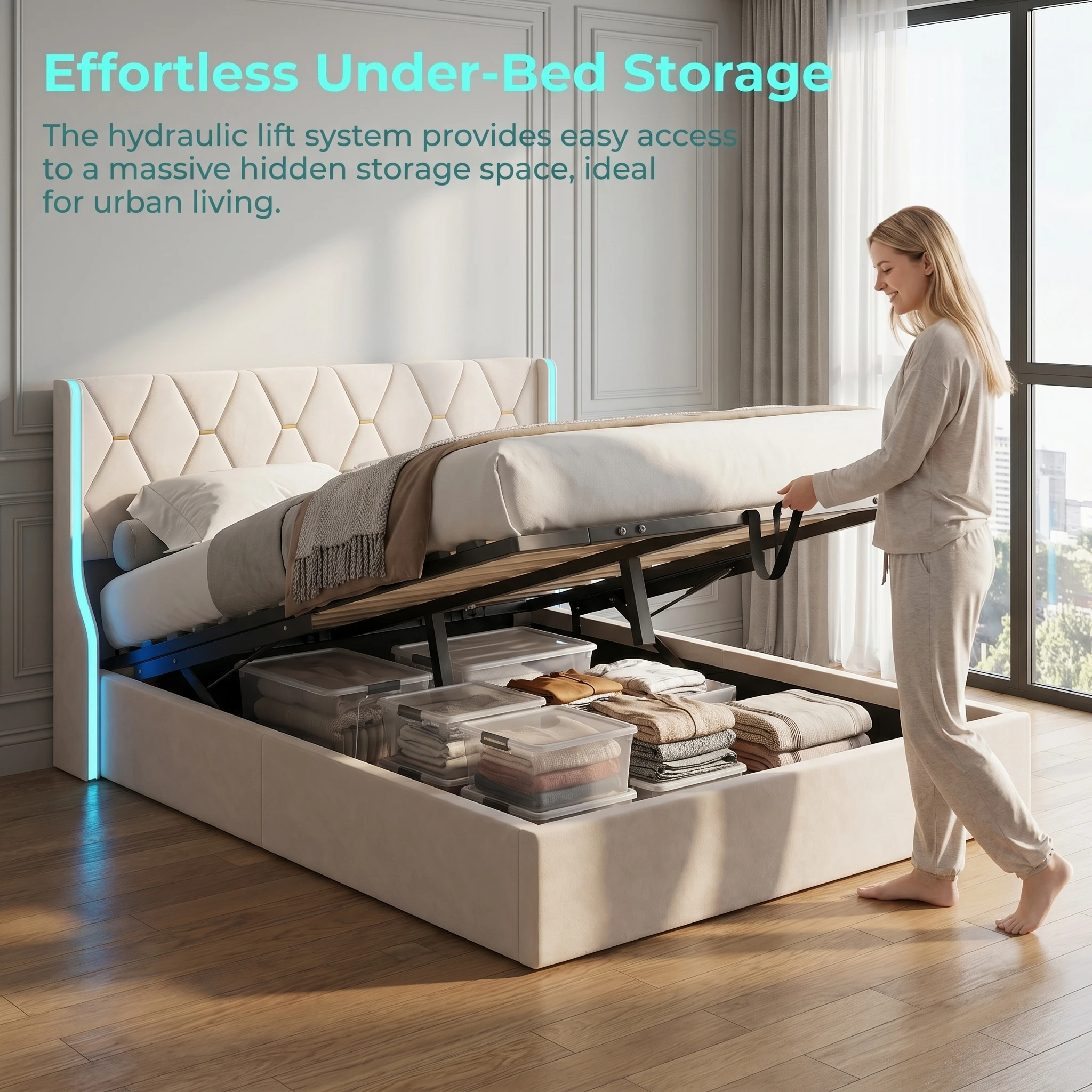 Superaly Cama con Base LED RGB de 160 x 200 cm con Almacenamiento Hidráulico, Cama Tapizada con Cabecero Acolchado, Luces con Control Remoto y por Aplicación, para Dormitorio, Beige